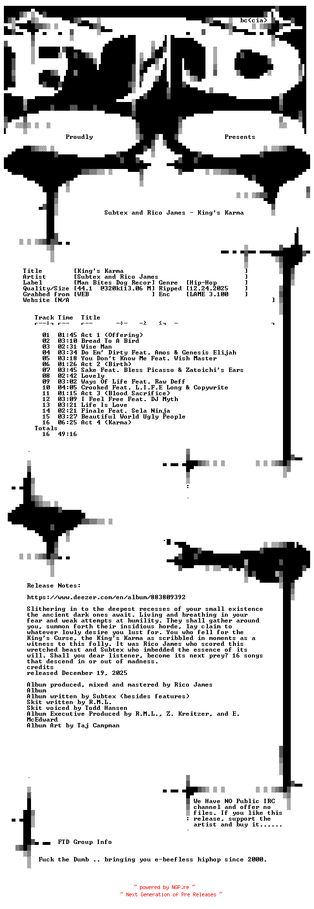 NFO for the release Subtex_and_Rico_James-Kings_Karma-WEB-2025-FTD by FTD