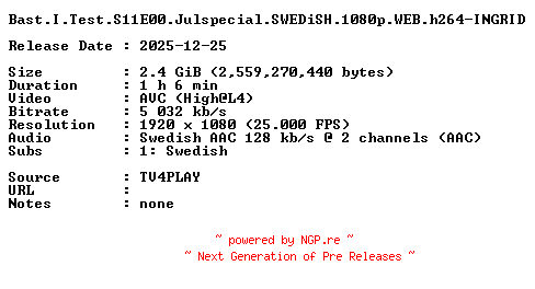 NFO for the release Bast.I.Test.S11E00.Julspecial.SWEDiSH.1080p.WEB.h264-INGRID by INGRID