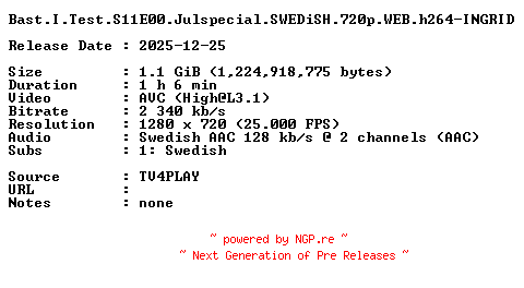 NFO for the release Bast.I.Test.S11E00.Julspecial.SWEDiSH.720p.WEB.h264-INGRID by INGRID