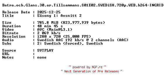 NFO for the release Batra.och.Glans.30.ar.Tillsammans.S01E02.SWEDiSH.720p.WEB.h264-INGRID by INGRID