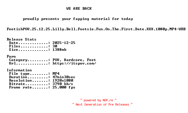 NFO for the release FeetishPOV.25.12.25.Lilly.Bell.Footsie.Fun.On.The.First.Date.XXX.1080p.MP4-WRB by WRB