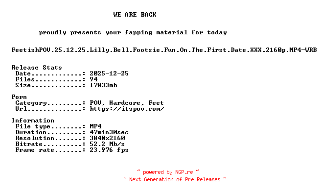 NFO for the release FeetishPOV.25.12.25.Lilly.Bell.Footsie.Fun.On.The.First.Date.XXX.2160p.MP4-WRB by WRB