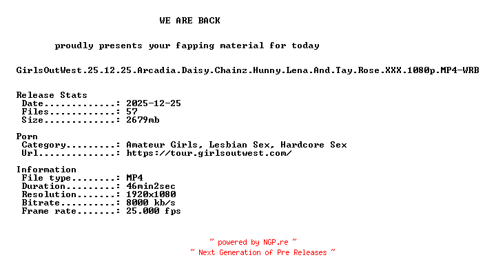 NFO for the release GirlsOutWest.25.12.25.Arcadia.Daisy.Chainz.Hunny.Lena.And.Tay.Rose.XXX.1080p.MP4-WRB by WRB
