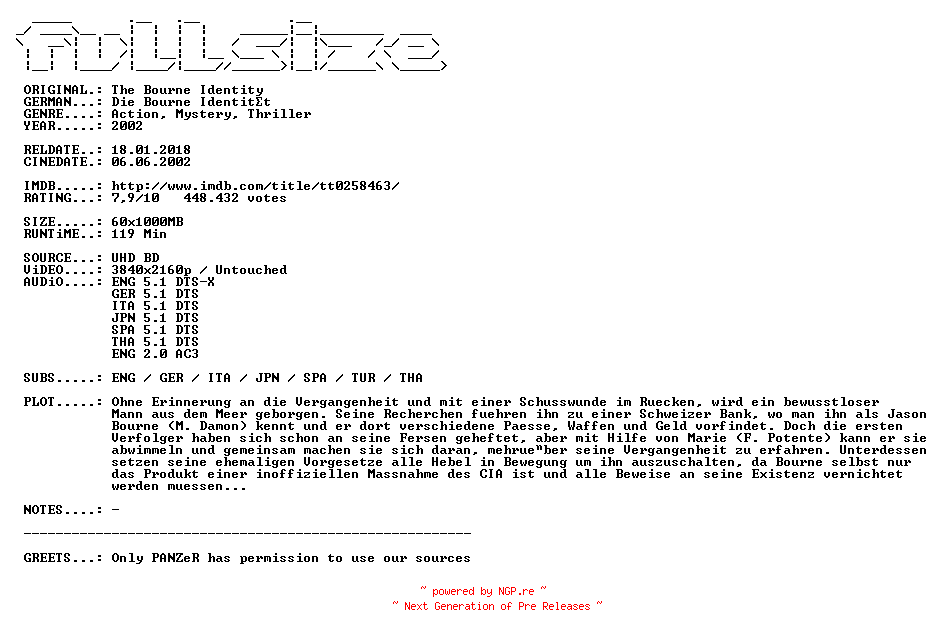 NFO for the release The.Bourne.Identity.2002.MULTi.COMPLETE.UHD.BLURAY-FULLSiZE by FULLSiZE