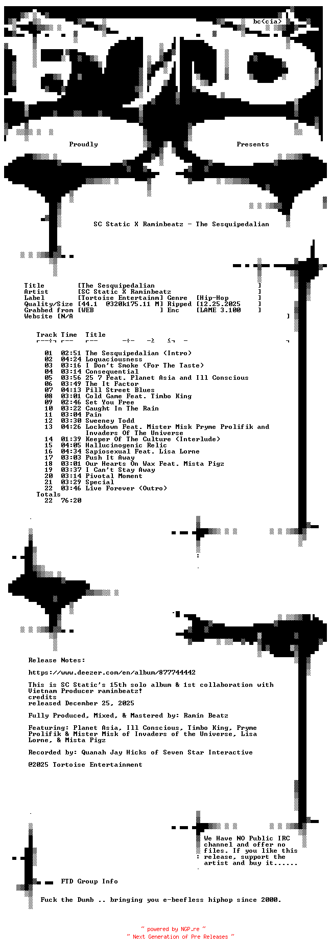 NFO for the release SC_Static_x_Raminbeatz-The_Sesquipedalian-WEB-2025-FTD by FTD