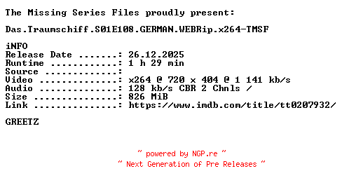 NFO for the release Das.Traumschiff.S01E108.Madikwe.GERMAN.WEBRip.x264-TMSF by TMSF