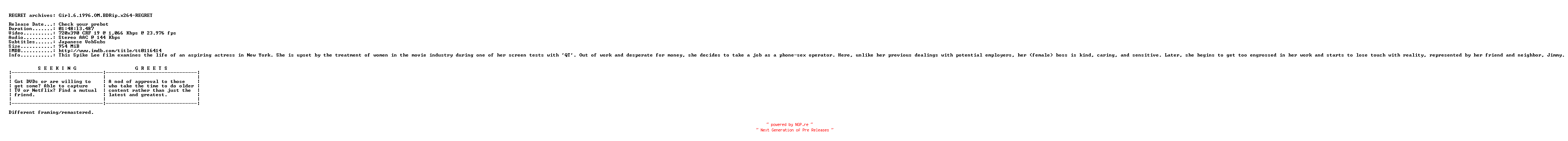 NFO for the release Girl.6.1996.OM.BDRip.x264-REGRET by REGRET