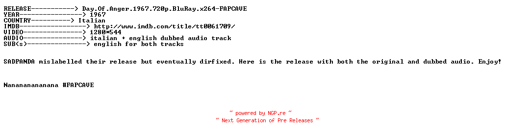 NFO for the release Day.Of.Anger.1967.720p.BluRay.x264-FAPCAVE by FAPCAVE