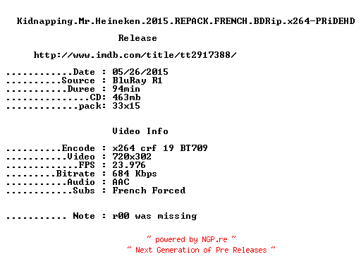 NFO for the release Kidnapping.Mr.Heineken.2015.REPACK.FRENCH.BDRip.x264-PRiDEHD by PRiDEHD