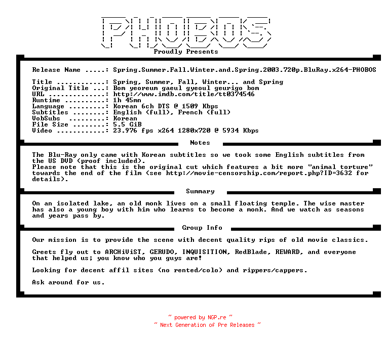 NFO for the release Spring.Summer.Fall.Winter.and.Spring.2003.720p.BluRay.x264-PHOBOS by PHOBOS