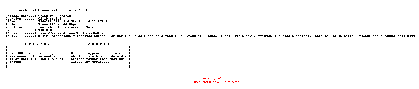 NFO for the release Orange.2015.BDRip.x264-REGRET by REGRET