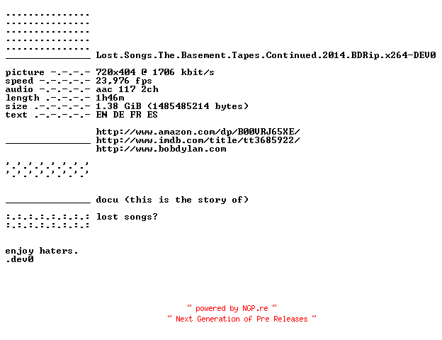 NFO for the release Lost.Songs.The.Basement.Tapes.Continued.2014.BDRip.x264-DEV0 by DEV0