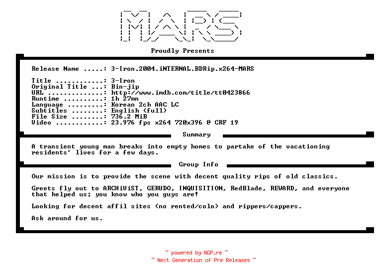 NFO for the release 3-Iron.2004.iNTERNAL.BDRip.x264-MARS by MARS