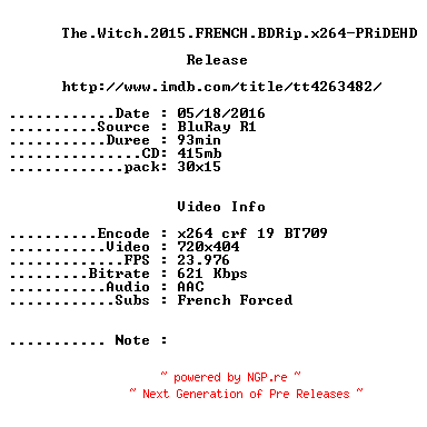 NFO for the release The.Witch.2015.FRENCH.BDRip.x264-PRiDEHD by PRiDEHD
