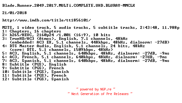 NFO for the release Blade.Runner.2049.2017.MULTi.COMPLETE.UHD.BLURAY-MMCLX by MMCLX