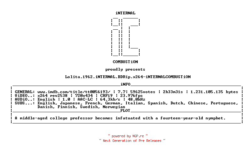 NFO for the release Lolita.1962.iNTERNAL.BDRip.x264-iNTERNALCOMBUSTiON by iNTERNALCOMBUSTiON