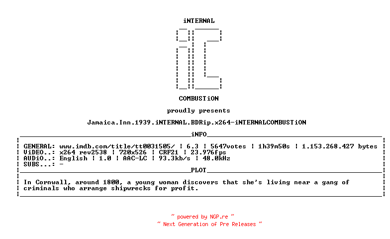 NFO for the release Jamaica.Inn.1939.iNTERNAL.BDRip.x264-iNTERNALCOMBUSTiON by iNTERNALCOMBUSTiON