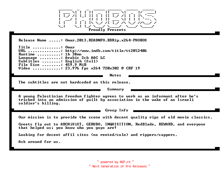 NFO for the release Omar.2013.READNFO.BDRip.x264-PHOBOS by PHOBOS