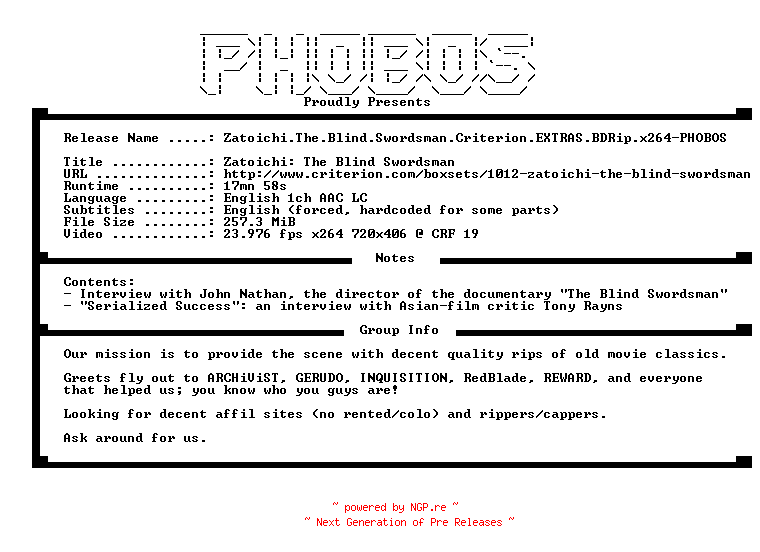 NFO for the release Zatoichi.The.Blind.Swordsman.Criterion.EXTRAS.BDRip.x264-PHOBOS by PHOBOS