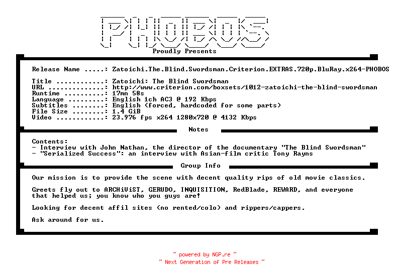 NFO for the release Zatoichi.The.Blind.Swordsman.Criterion.EXTRAS.720p.BluRay.x264-PHOBOS by PHOBOS