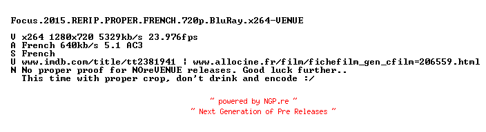 NFO for the release Focus.2015.RERIP.PROPER.FRENCH.720p.BluRay.x264-VENUE by VENUE