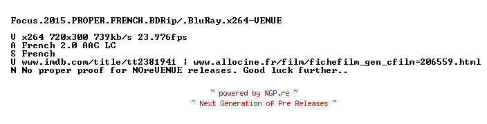 NFO for the release Focus.2015.PROPER.FRENCH.BDRip.x264-VENUE by VENUE