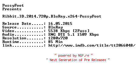 NFO for the release Ribbit.3D.2014.720p.BluRay.x264-PussyFoot by PussyFoot