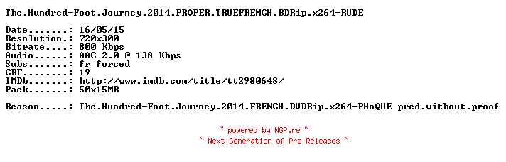 NFO for the release The.Hundred-Foot.Journey.2014.PROPER.TRUEFRENCH.BDRip.x264-RUDE by RUDE