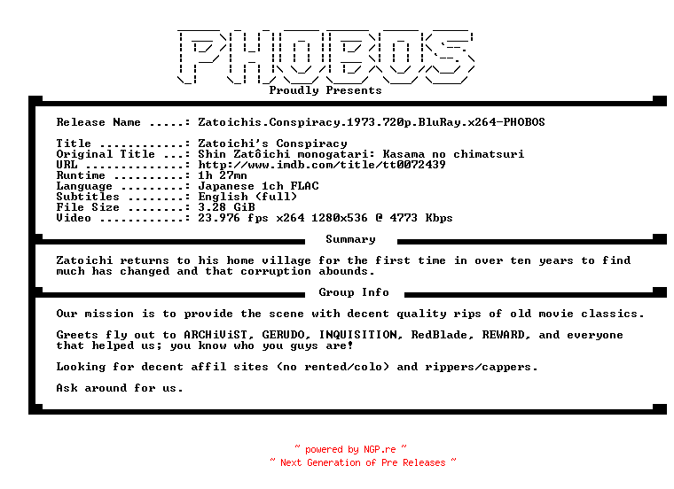 NFO for the release Zatoichis.Conspiracy.1973.720p.BluRay.x264-PHOBOS by PHOBOS