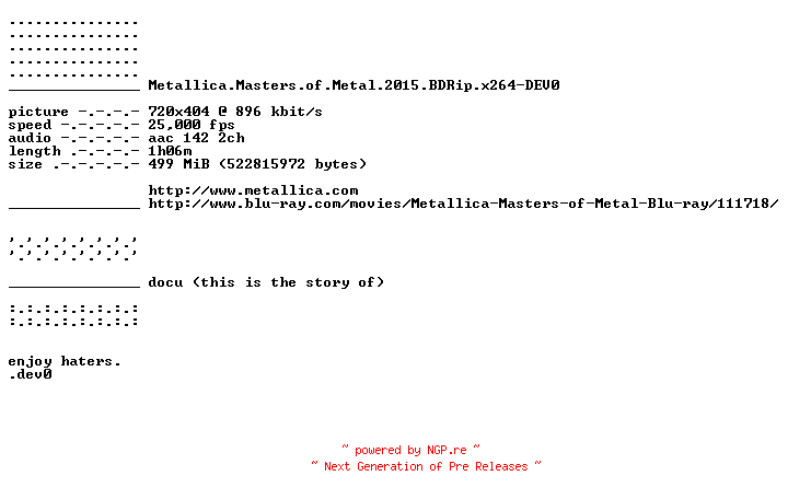 NFO for the release Metallica.Masters.of.Metal.2015.BDRip.x264-DEV0 by DEV0