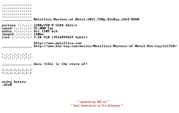 NFO for the release Metallica.Masters.of.Metal.2015.720p.BluRay.x264-DEV0 by DEV0