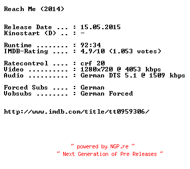 NFO for the release Reach.Me.2014.German.720p.BluRay.x264-EXQUiSiTE by EXQUiSiTE