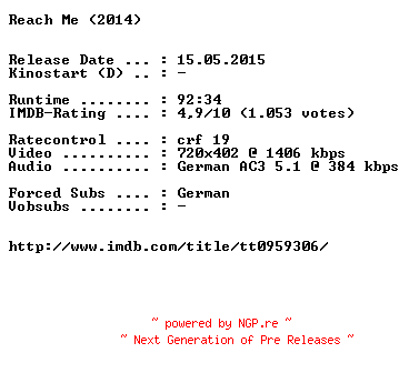 NFO for the release Reach.Me.German.2014.BDRiP.x264-EXQUiSiTE by EXQUiSiTE