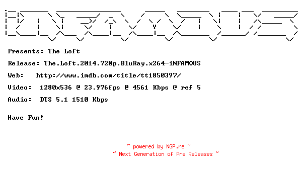 NFO for the release The.Loft.2014.720p.BluRay.x264-iNFAMOUS by iNFAMOUS