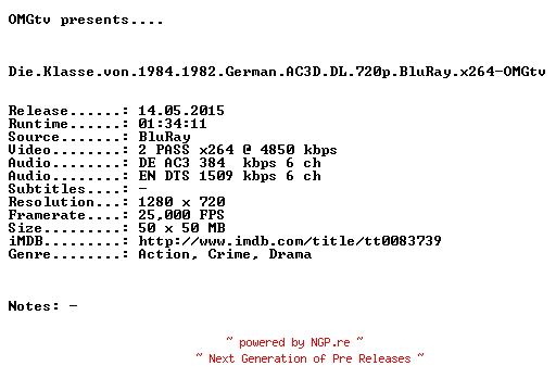 NFO for the release Die.Klasse.von.1984.1982.German.AC3D.DL.720p.BluRay.x264-OMGtv by OMGtv