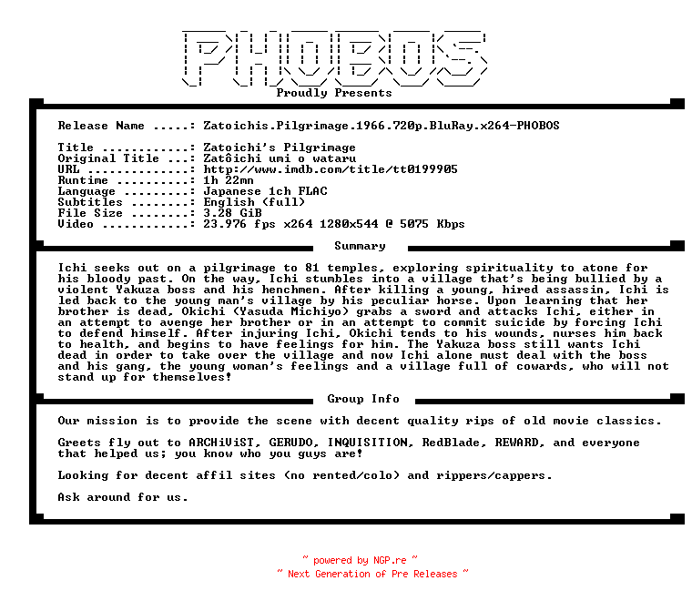 NFO for the release Zatoichis.Pilgrimage.1966.720p.BluRay.x264-PHOBOS by PHOBOS