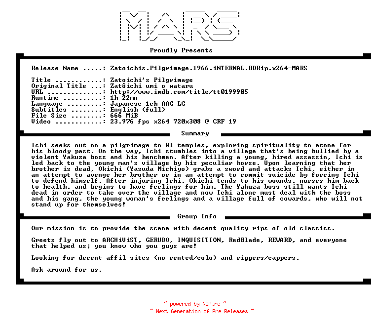 NFO for the release Zatoichis.Pilgrimage.1966.iNTERNAL.BDRip.x264-MARS by MARS