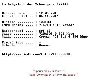 NFO for the release Im.Labyrinth.des.Schweigens.German.2014.BDRiP.x264-EXQUiSiTE by EXQUiSiTE