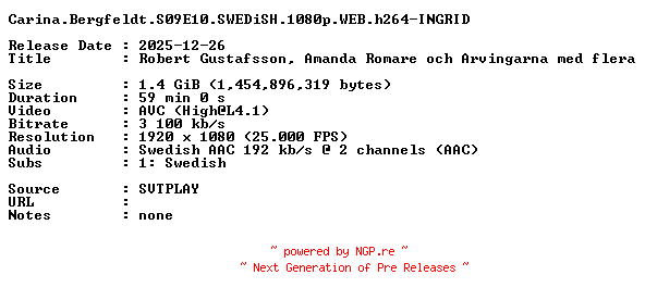 NFO for the release Carina.Bergfeldt.S09E10.SWEDiSH.1080p.WEB.h264-INGRID by INGRID