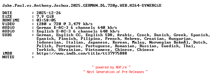 NFO for the release Jake.Paul.vs.Anthony.Joshua.2025.GERMAN.DL.720p.WEB.H264-SYNERGiE by SYNERGiE