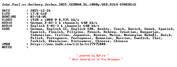 NFO for the release Jake.Paul.vs.Anthony.Joshua.2025.GERMAN.DL.1080p.WEB.H264-SYNERGiE by SYNERGiE