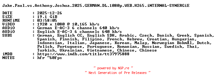 NFO for the release Jake.Paul.vs.Anthony.Joshua.2025.GERMAN.DL.1080p.WEB.H265.iNTERNAL-SYNERGiE by SYNERGiE