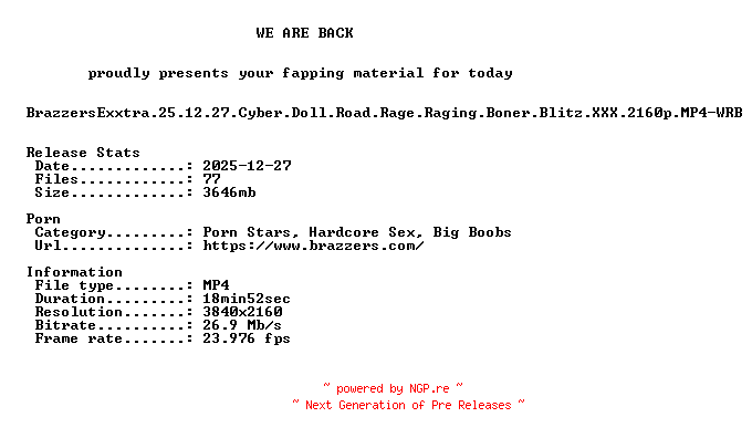 NFO for the release BrazzersExxtra.25.12.27.Cyber.Doll.Road.Rage.Raging.Boner.Blitz.XXX.2160p.MP4-WRB by WRB