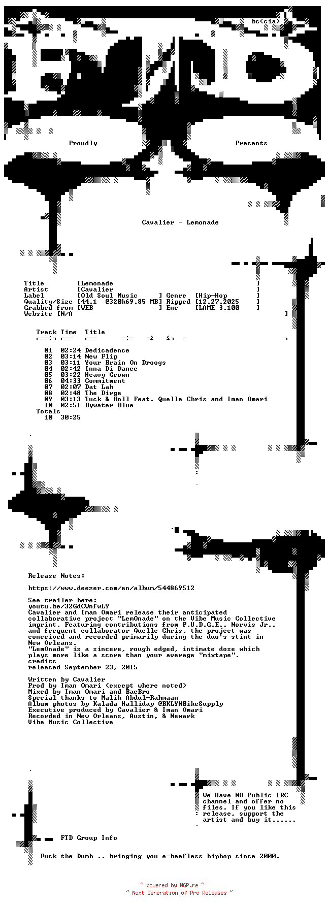 NFO for the release Cavalier-Lemonade-EP-WEB-2015-FTD by FTD
