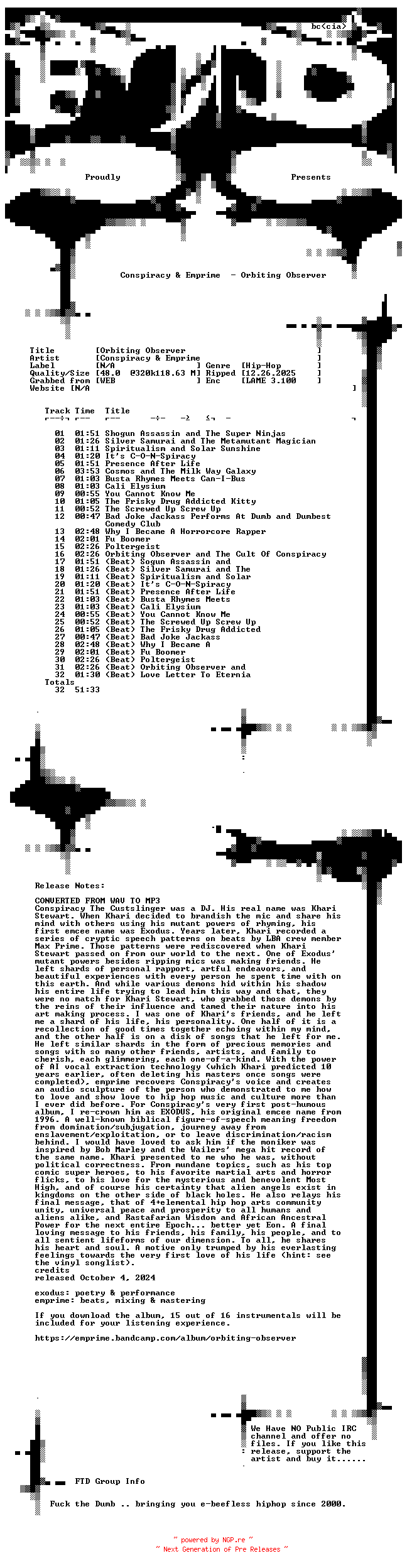 NFO for the release Conspiracy_and_Emprime-Orbiting_Observer-WEB-2024-FTD by FTD