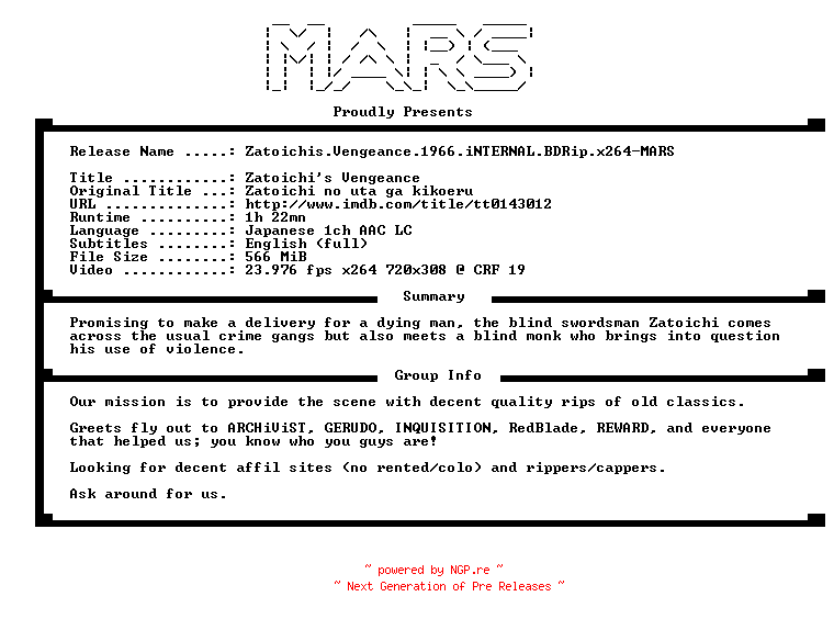 NFO for the release Zatoichis.Vengeance.1966.iNTERNAL.BDRip.x264-MARS by MARS
