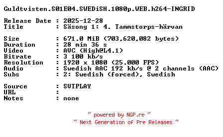 NFO for the release Guldtvisten.S01E04.SWEDiSH.1080p.WEB.h264-INGRID by INGRID