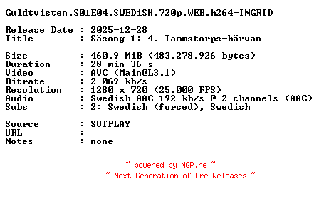 NFO for the release Guldtvisten.S01E04.SWEDiSH.720p.WEB.h264-INGRID by INGRID