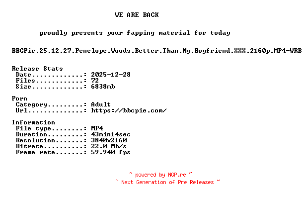NFO for the release BBCPie.25.12.27.Penelope.Woods.Better.Than.My.Boyfriend.XXX.2160p.MP4-WRB by WRB