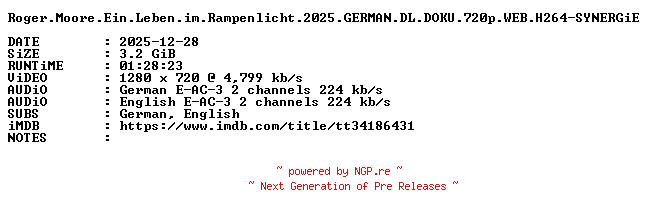 NFO for the release Roger.Moore.Ein.Leben.im.Rampenlicht.2025.GERMAN.DL.DOKU.720p.WEB.H264-SYNERGiE by SYNERGiE